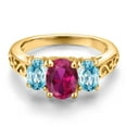 thumbnail image 3 of Gem Stone King 18K Yellow Gold Plated Silver Red Created Ruby and Blue Zircon Filigree Style 3 Stone Ring for Women (2.65 Cttw, Oval 8X6MM and 6X4MM) (Size 9), 3 of 6