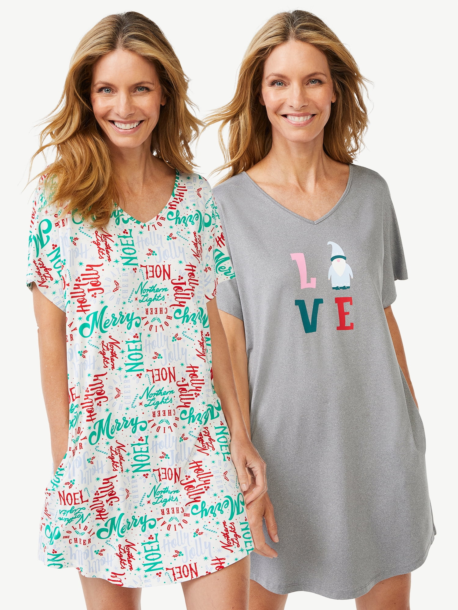 Joyspun Women's Short Sleeve Sleep Shirts, 2-Pack, Sizes S/M to 2X/3X 