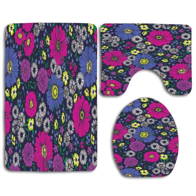 ABPHQTO Flor retro Juego de alfombras de baño de 3 piezas Alfombra de baño Alfombra de contorno y tapa de inodoro