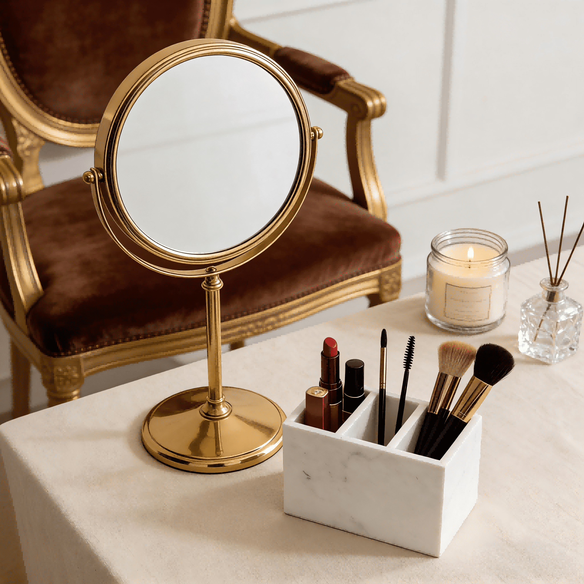 Calacatta Viola Natural Marble Desk Organizer - 3-Compartment Stone Storage Holder with Non-Slip Base for Pens, Makeup Brushes, Office Supplies & Bathroom Tools