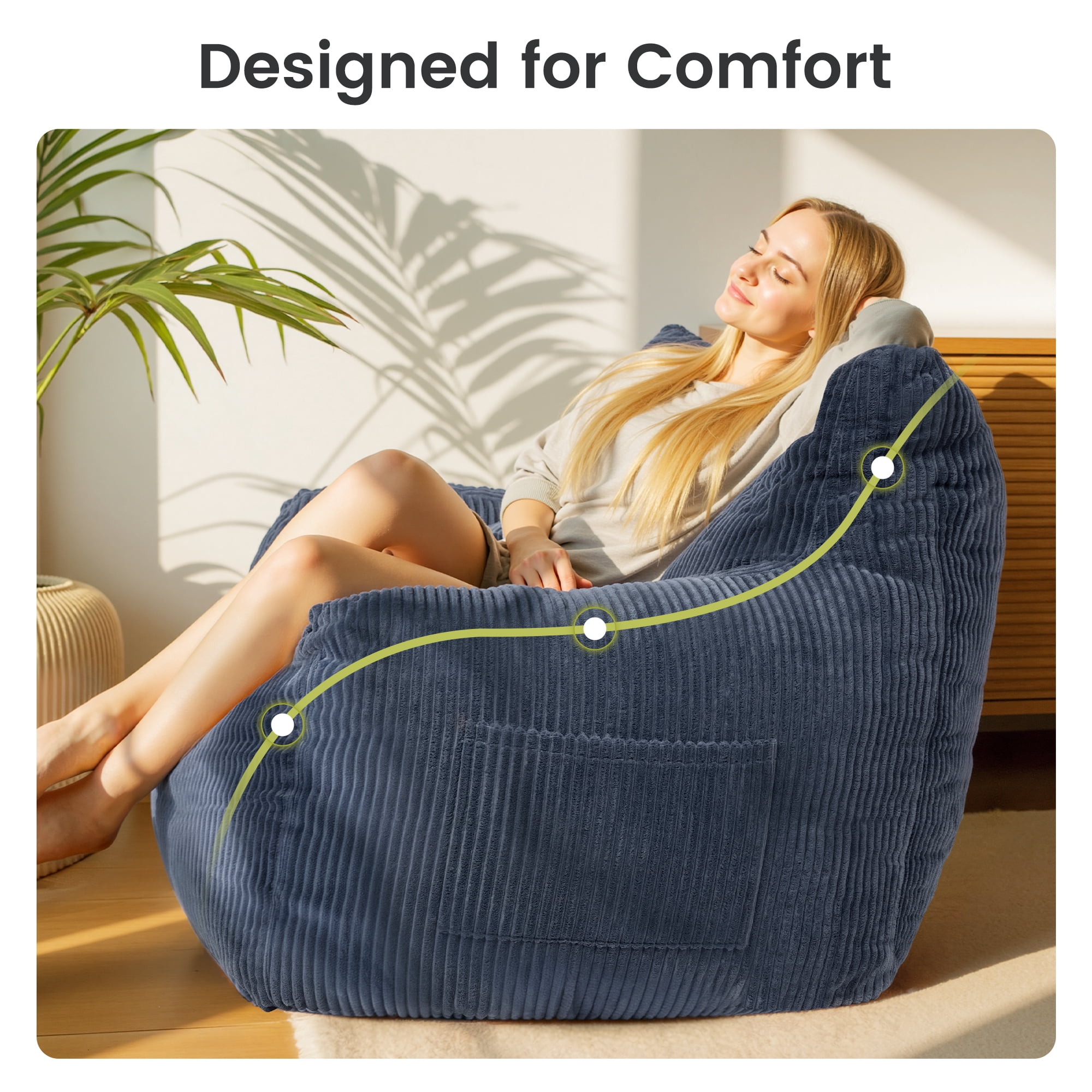 2-Person Foam Filled Bean Bag Chair, Plush Corduroy Lazy Sofa