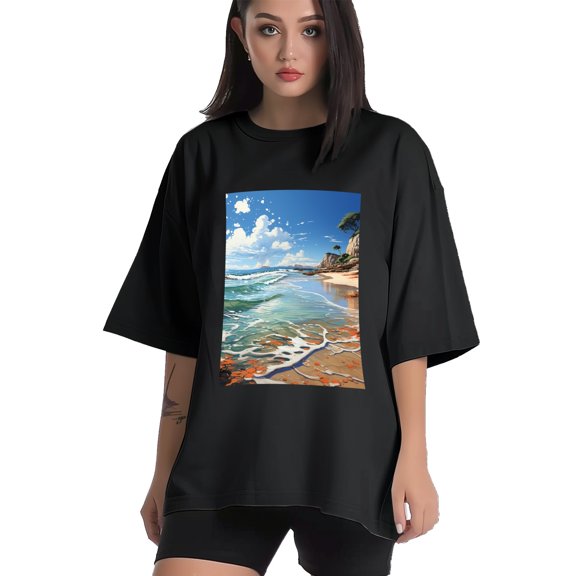 Plus Size Shirt for Women Black Tops for Women Short Sleeves Shirt for Women Seaside (35) T Shirt Crewneck Shirt for Women XS