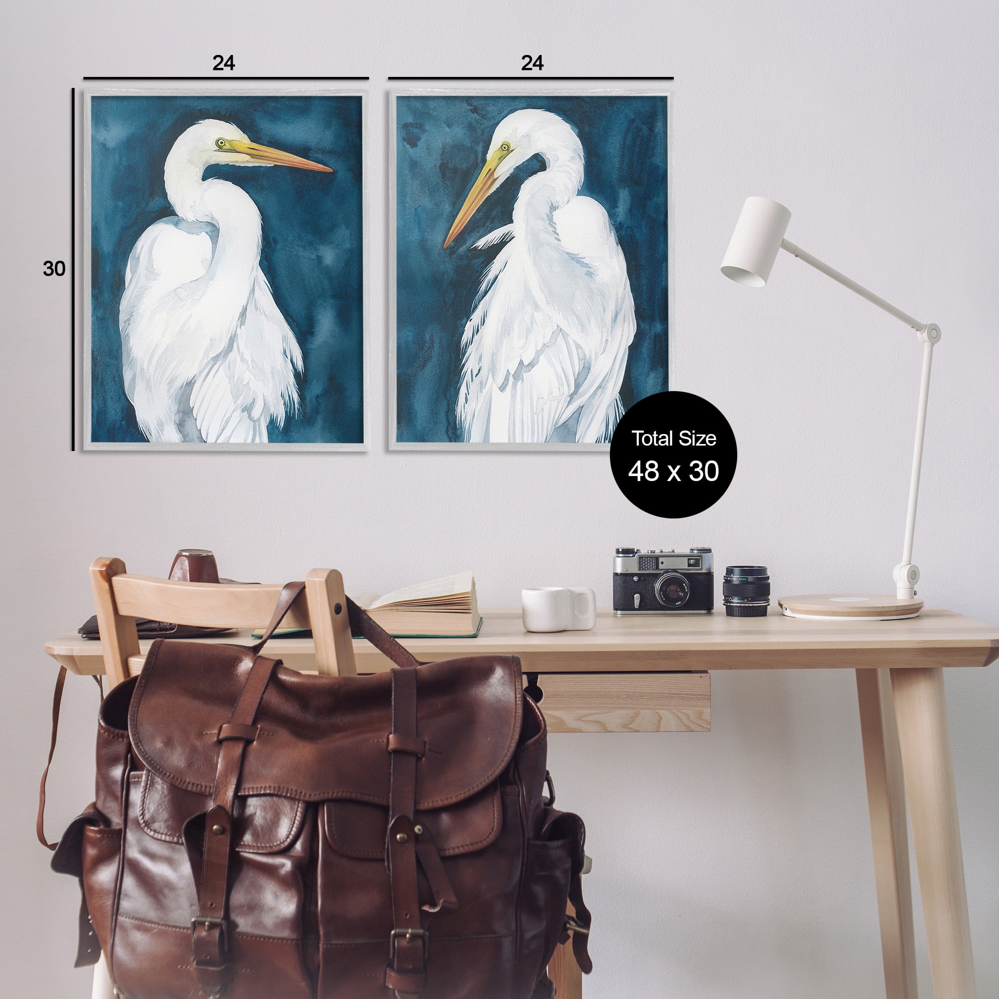 Stupell Industries Elegant Egrets on Blue Animals & Insects Painting Gray Framed Art Print Wall Art, 24 x 30, Set of 2