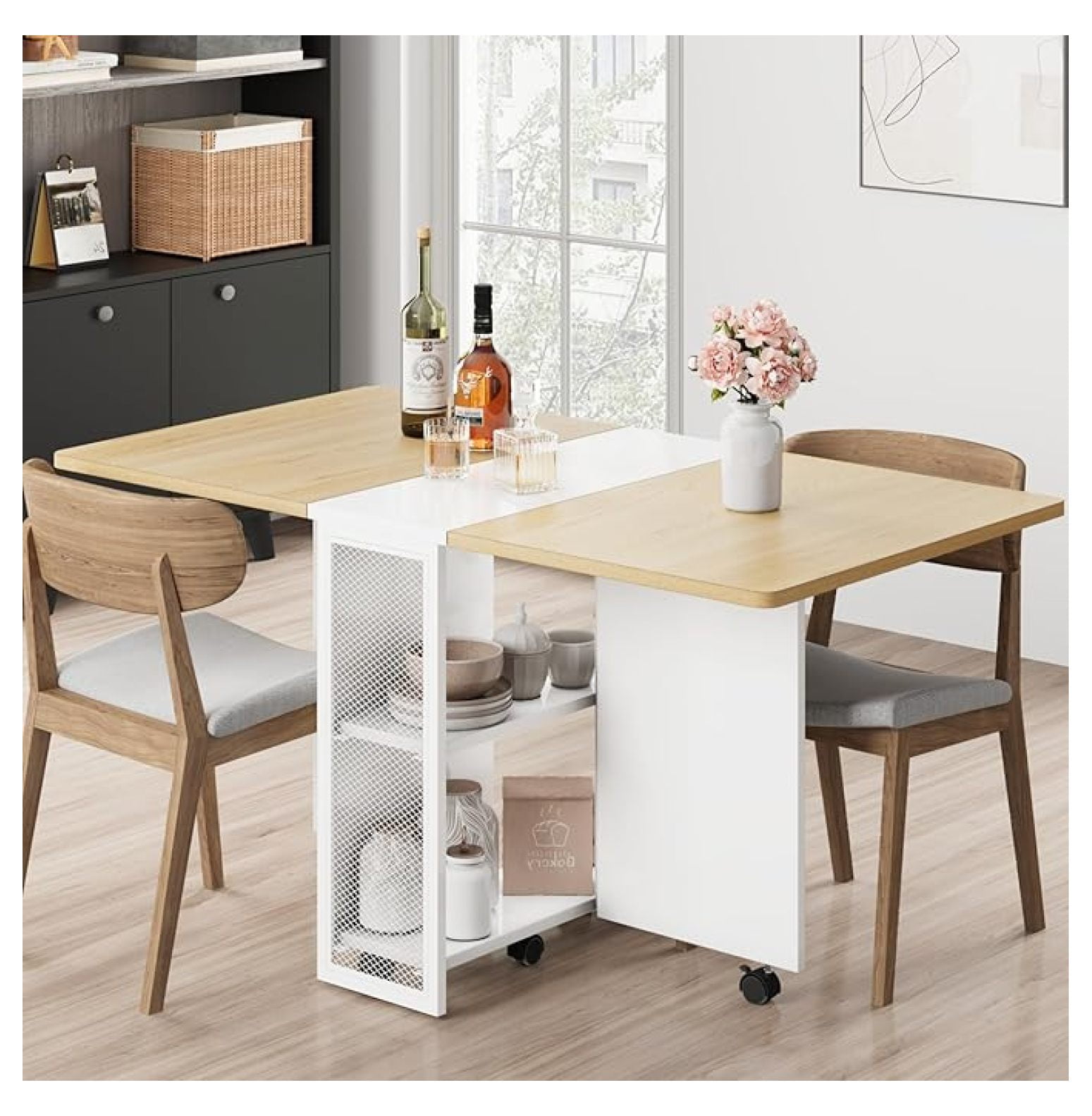 Studyset Folding Dining Table with 2 Tier Storage-Extendable Drop