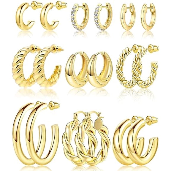 Valentines Day Gifts for Her, 9 Pairs Gold Hoop Earrings Set for Women Trendy Twisted Huggie Hoops Earrings Gold Plated Lightweight Jewelry Set for Valentine's Mother's Day Birthday