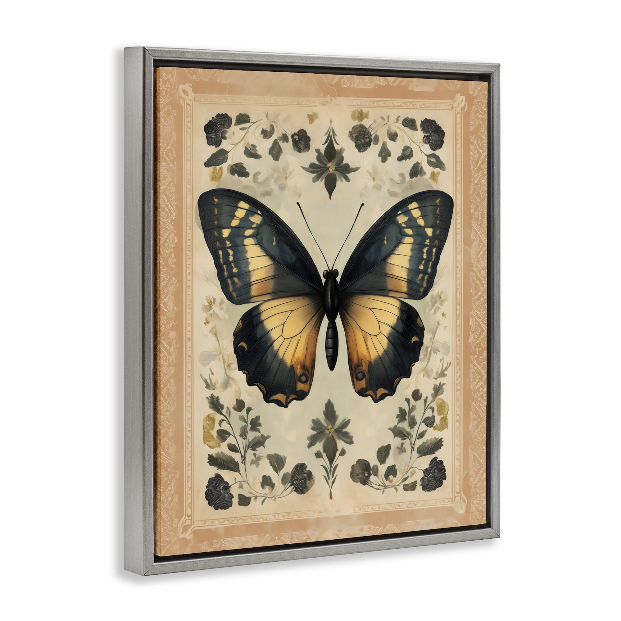 Stupell Industries Vintage Butterfly Botanical Illustration Gray Framed Floater Canvas Wall Art, design by Arlington Prints