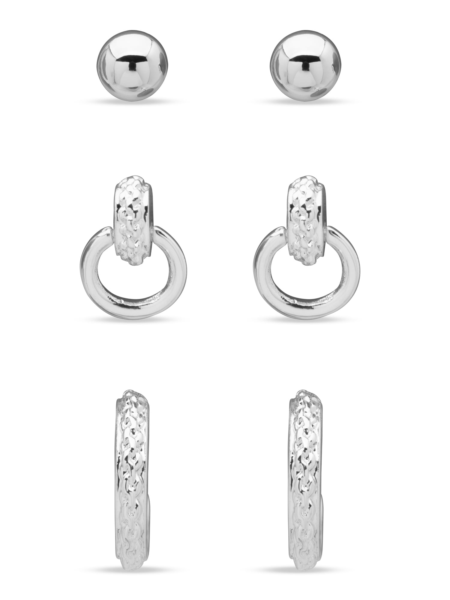 Chaps Women's Silver Tone Braided Stud and Hoop Post Earrings, Set of 3