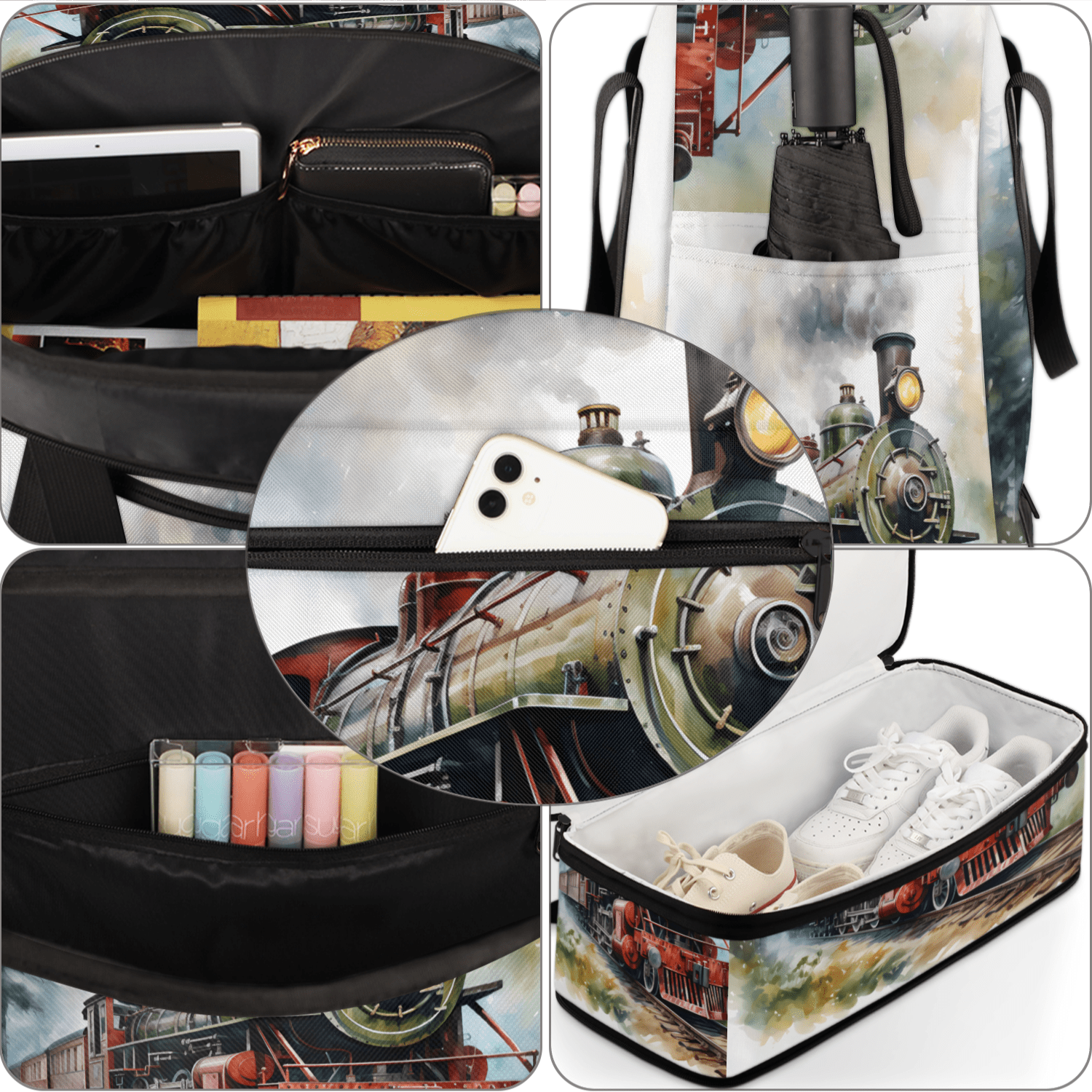 Herdesigns Retro Steam Train Foldable Travel Duffle Bag for Women and Men Lightweight Carry On Overnight Bag Vintage Old Train Gym Luggage Weekender Bags with Shoe Compartment