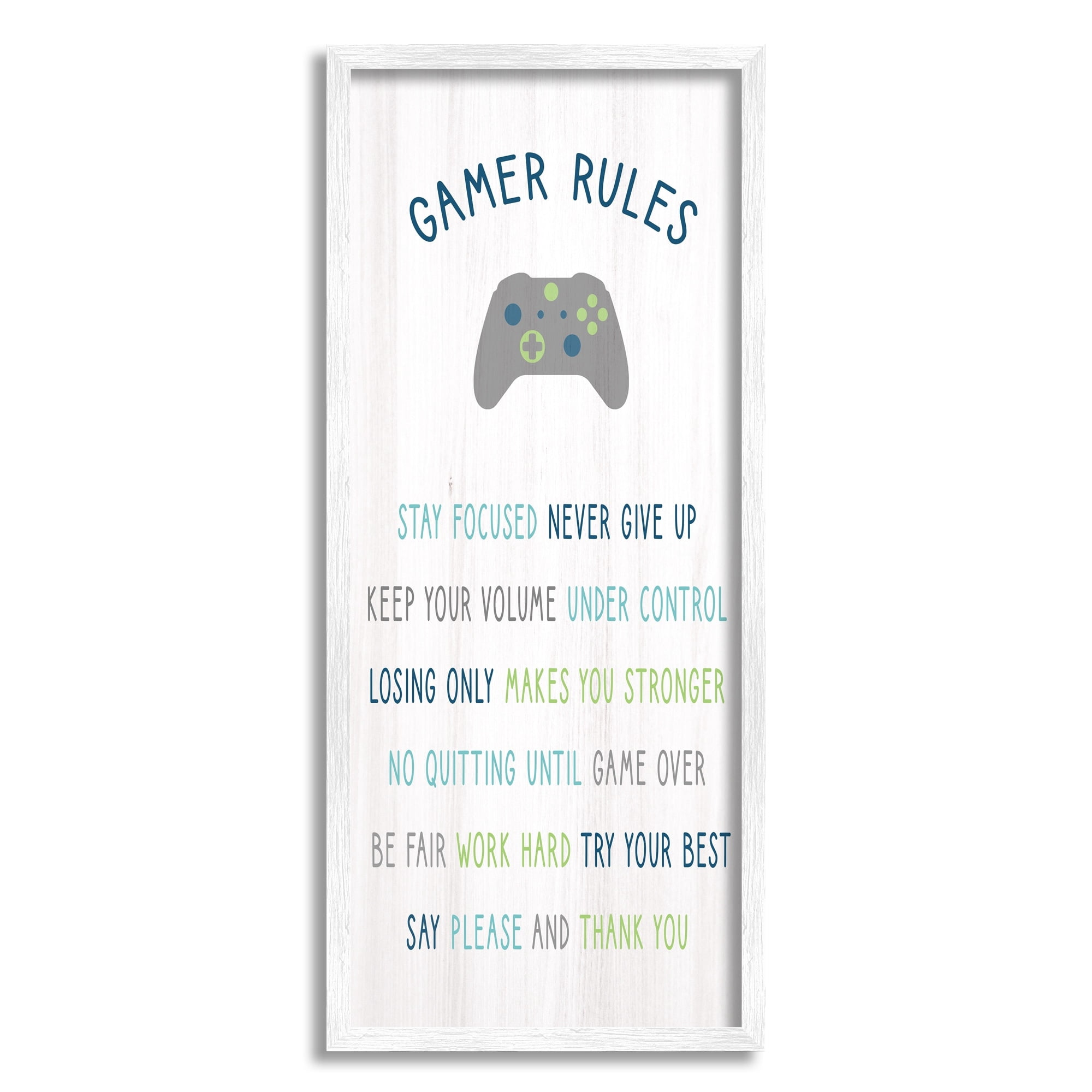 Stupell Industries Gamer Rules Listed Kids Video Game Motivational Phrases Kids Painting White Framed Art Print Wall Art, 13 x 30, Design by Daphne Polselli