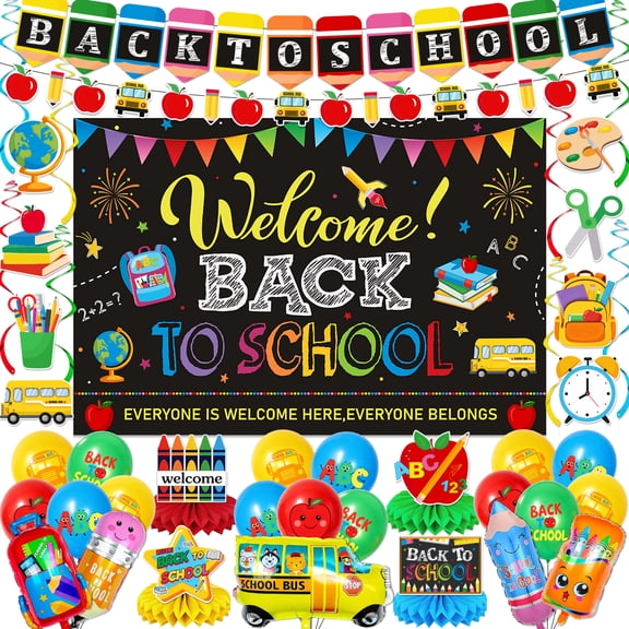 Xizondidi Back to School Decorations, First Day of School Decorations Welcome Back-to-School Banner Vinyl Backdrop Schoolbag Bus Pencil Balloons for Kindergarten Classroom