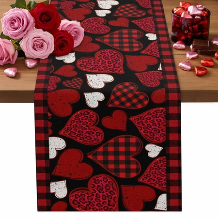 Valentine s Day Table Runner 14 x 72 Inch Dark Red Love Heart Plaid Black Background Washable Cotton Linen Dining Table Runner Tabletop Decorations for Restaurant Home Kitchen Party