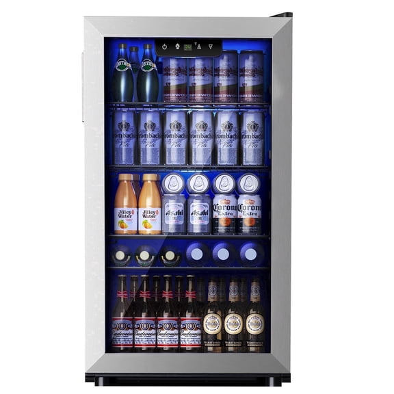 Simzlife 130 Can Beverage Refrigerator with Glass Door for Home, 17.3 in D, 31.3 in H, Silver