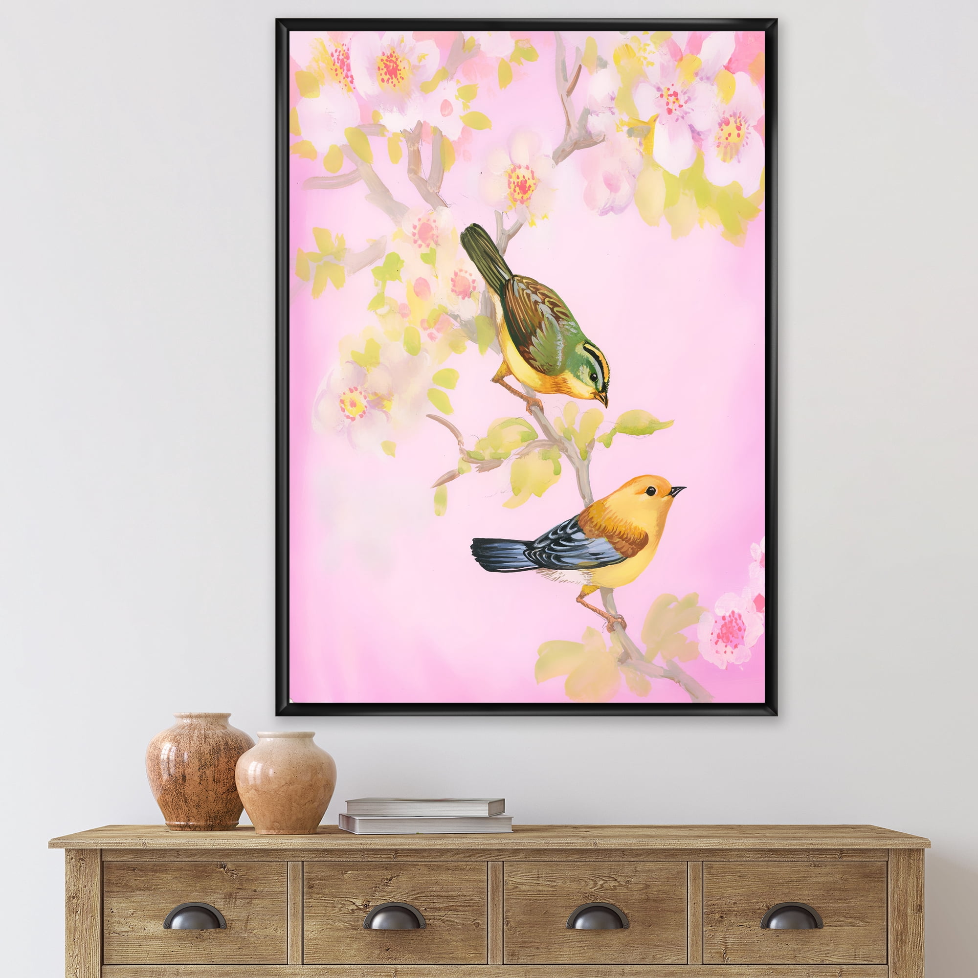 Designart 'Beautiful Bright Birds Sitting On Branch' Traditional Framed Canvas Wall Art Print
