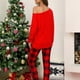 thumbnail image 4 of Conjunto de salón para mujer, un hombro, manga larga, estampado navideño, pantalones de rejilla, conjunto de pijamas para la vida diaria, rojo, S, 4 of 6