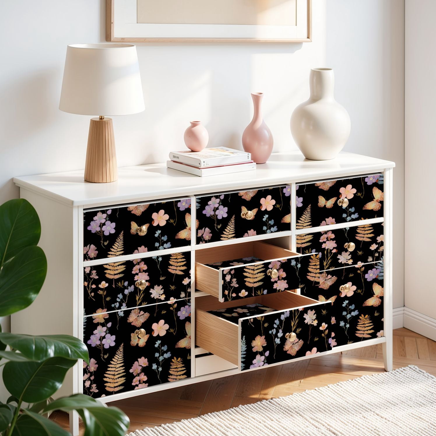 Peel and Stick Wallpaper Watercolor Floral Butterfly Black 17.7in x 118in Contact Paper Removable Self Adhesive Wall Mural Wall Decor for Bedroom Kitchen Cabinets