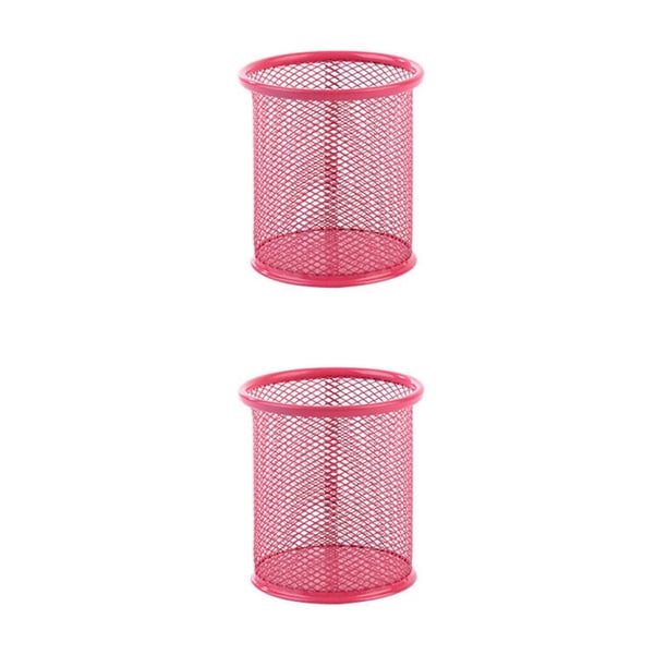 Monstrate Mesh Metal Pen Holder Pot Smooth Office Fashion Edge Eraser Caddy Organizer Stationery Ruler Holders Desk Table Container Redondo/Rojo rosa 2Conjunto