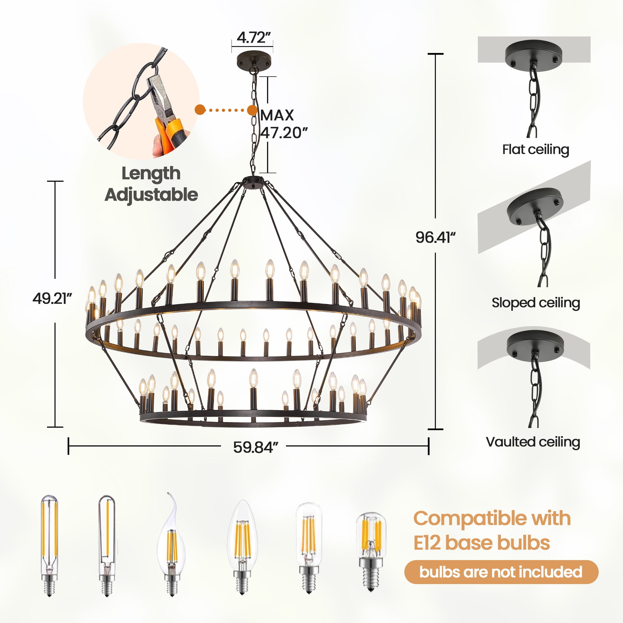 Magic Home 54-Lights Wagon Wheel Chandelier,2 Tier Extra Large Farmhouse Chandelier Light Fixture,Round Rustic Lighting,Black