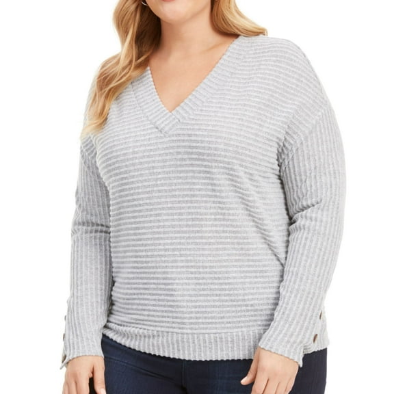 Belldini Womens Textured Stripe Pullover Sweater, Grey, 3X