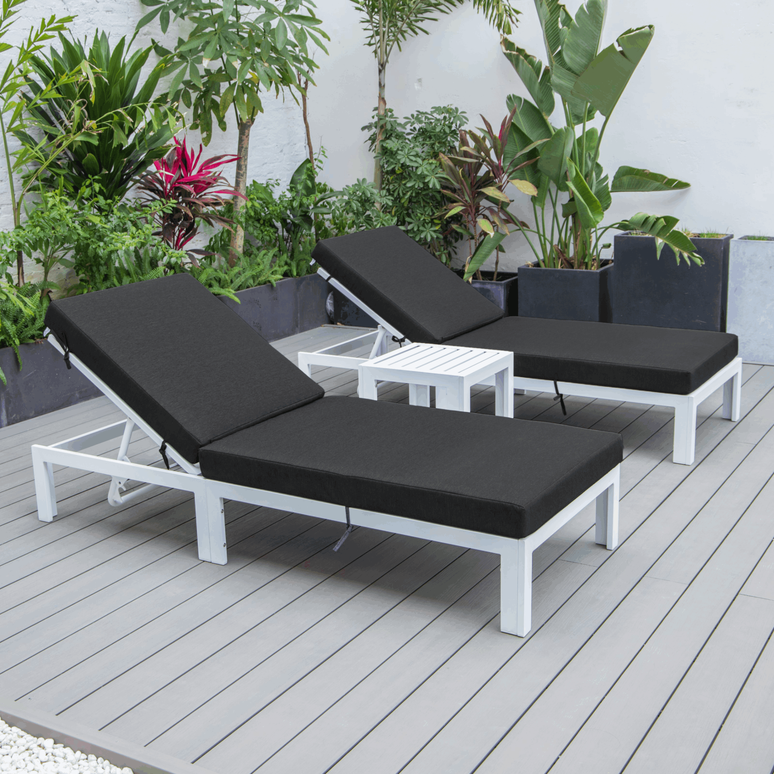 LeisureMod Chelsea Modern White Aluminum Outdoor Chaise Lounge Chair Set of 2 With Side Table & Black Cushions - image 3 of 12