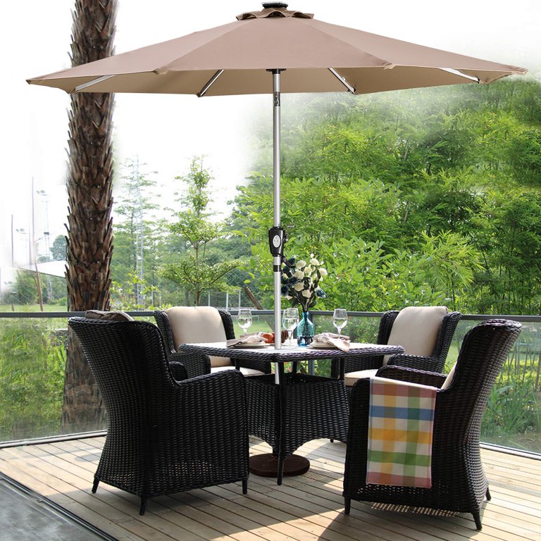 9 ft LED Lighted Patio Outdoor Umbrella Solar Power Market Table  Fade-Resistant Umbrella with Push Button Tilt u0026 Crank,8 Sturdy Ribs,Strip  LED Lights,Brown - Walmart.com