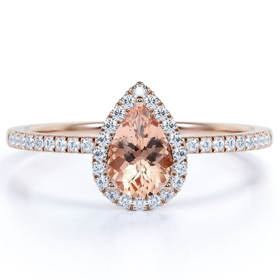 JeenMata 1.25 ct Pear Shaped Lab Created Morganite with Moissanite Halo Engagement Ring in 18K Rose Gold over Silver