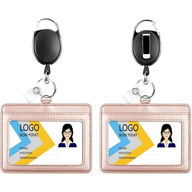 2 Pack Heavy Duty Retractable Badge Holders with Carabiner Reel Clip,  Upgraded Retractable Badge Reel X 2 and Horizontal Leather ID Card Holder X  2, Rose Gold 