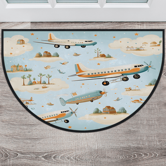 CURLYOOT Cute Airplane Half Round Door Mat 40'' x 63'', Indoor Outdoor Entrance Rug, Semi Circular Area Rug, Non Slip Washable Absorbent Doormat, Laundry Room Rug