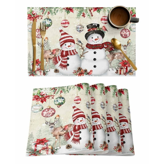 Placemats Set of 8, Christmas Snowman Woven Placemat, Linen Place Mats for Kitchen/Dining Tables, Xmas Balls Elk Botanical Retro Washable Table Mats for Party