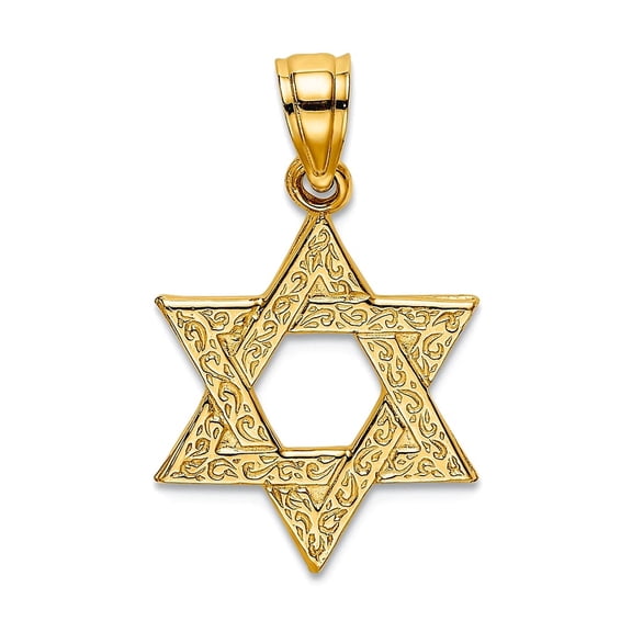 13mm 10k Solid Yellow Gold Engraved Swirls Religious Judaica Star of David Charm Pendant Necklace for Women