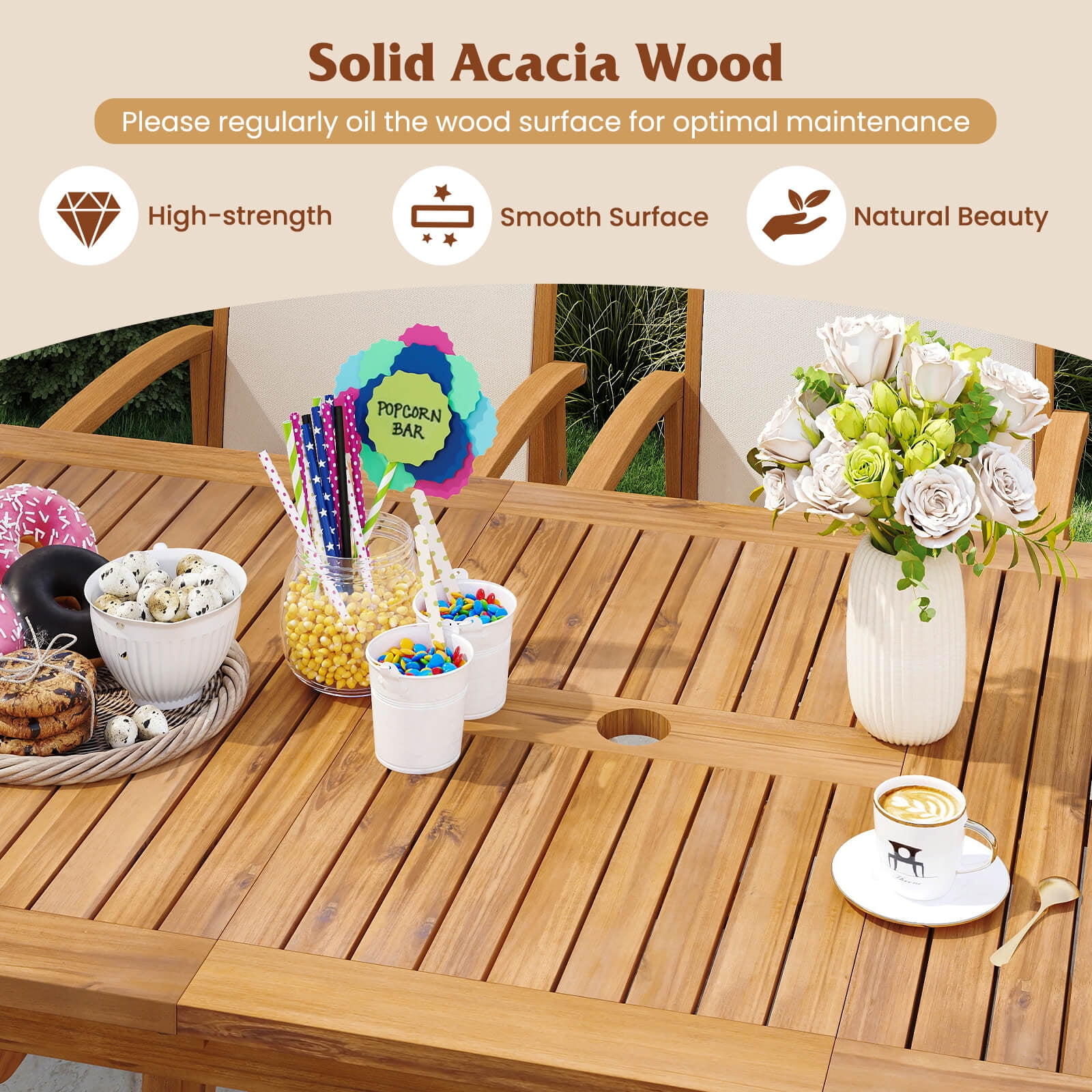 Costway 4 PCS Outdoor Dining Chairs Acacia Wood Patio Chairs with Breathable Fabric Seat