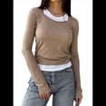 thumbnail image 2 of Camisetas de Larga con Cuello Redondo para Mujer, Informales, de Dos Piezas, Ajustadas, de Punto Acanalado, para Verano y Otoño. Caqui M, 2 of 7