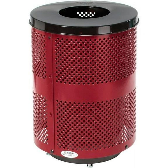 Global Industrial 261925RDD Outdoor Perforated Steel Trash Can with Flat Lid & Base - 36 gal - Red