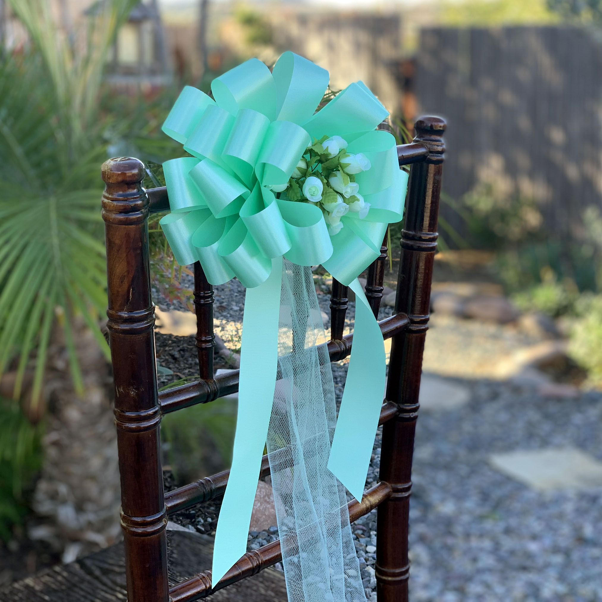 Mint Green Pull Bows with Tulle Tails and Rosebuds - 8" Wide, Set of 6, St. Patrick's Day, Wedding Pew Bows, Aisle Decoration, Reception, Anniversary, Christmas