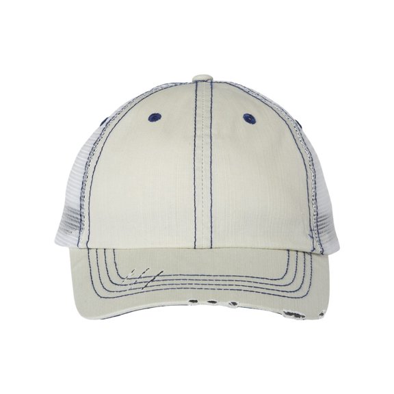 Mega Cap - Herringbone Trucker Cap - 6990 - Putty/ Navy - Size: Adjustable