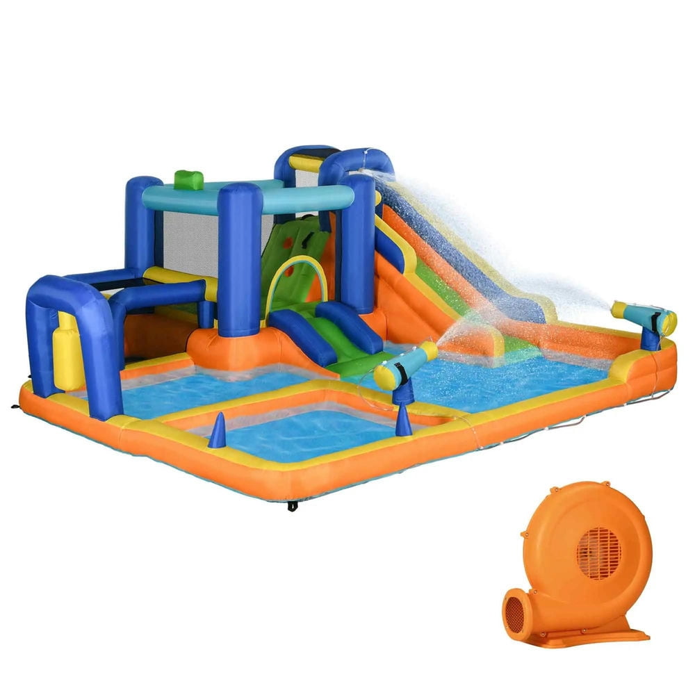Topcobe 7 in 1 Water Slide w/ Slide Pool Climbing Wall Water Cannon Basketball Hoop Boxing Post Football Stand for 3-8 Years, Kids Bounce House for Kids Backyard Activity