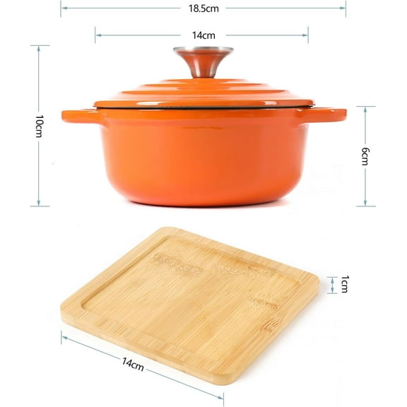 Enameled Cast Iron Mini Dutch Oven Set of 2, Orange, 23oz, with Bamboo Trays