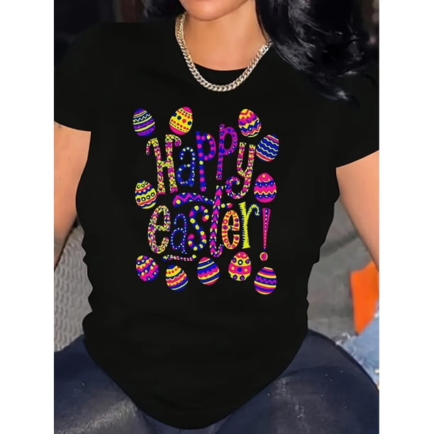 Women's "Happy Easter" Festive T-Shirt - Large, Casual Round Neck Short-Sleeve Top with Colorful EggCamisetas de verano para mujer, manga corta, cuello redondo, casual, lindo, con gráficos, camisetas