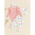 thumbnail image 4 of Suealasg 3Pcs Newborn Baby Girl Outfits Long Sleeve Letter Print Romper + Flower Print Long Pants + Headband +Hat Set 3 6 Months Infant Girls Fall Clothes, 4 of 8