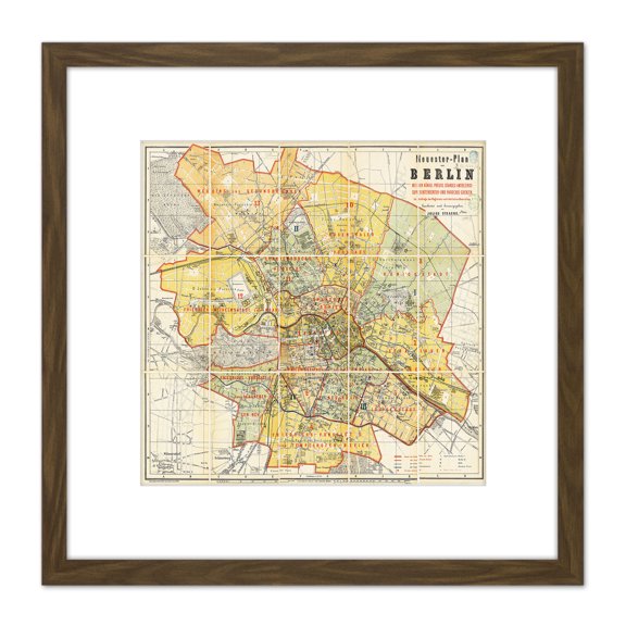 Map Antique 1874 Straube Berlin City Street Plan Replica 8X8 Inch Square Wooden Framed Wall Art Print Picture with Mount