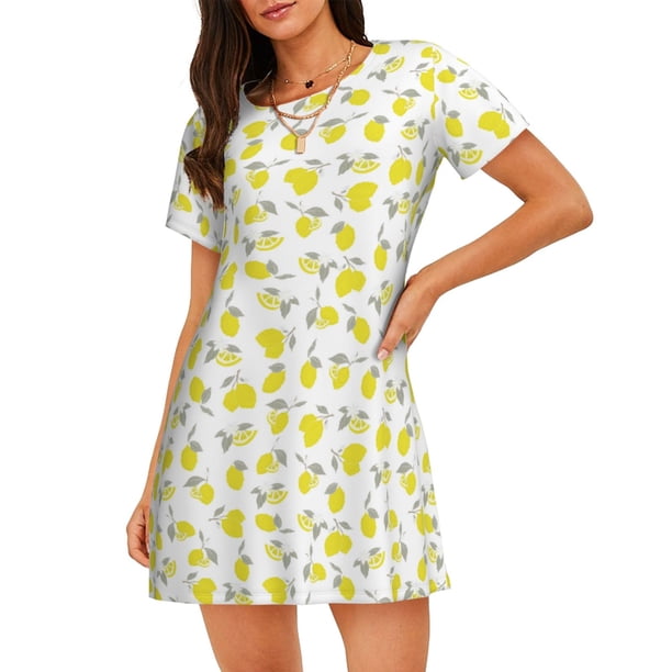 Balery Yellow Lemon Leaves Camisón de manga corta con cuello redondo para mujer, cómodo y elegante.