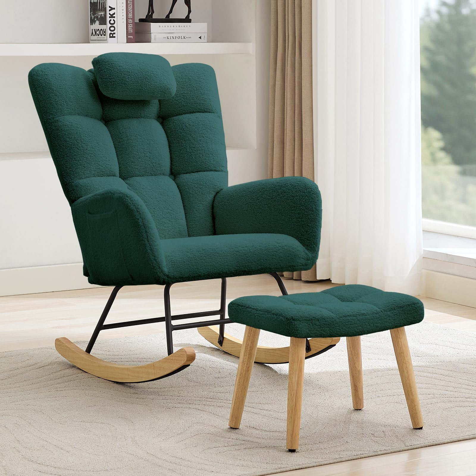 Nursery Rocking Chair, Comfort Glider Rocker with High Backrest Armchair Padded Seat, Accent Chair for Nursery Living Room Bedroom Offices Small Spaces Indoor, Green with Ottoman