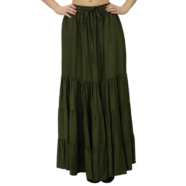 Bimba Boho Long Flaired Maxi Tier Skirt Elastic Waist Rayon Bohemian Skirts
