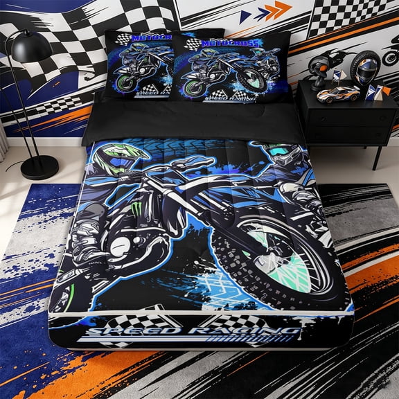 Erosebridal Graffiti Motocross Pattern Zipper Twin Comforter Sets with Fitted Sheet and 2 Pillowcases,Checkered Flag Print Zipper Bedding Set,Blue Black Green,Black Reversible