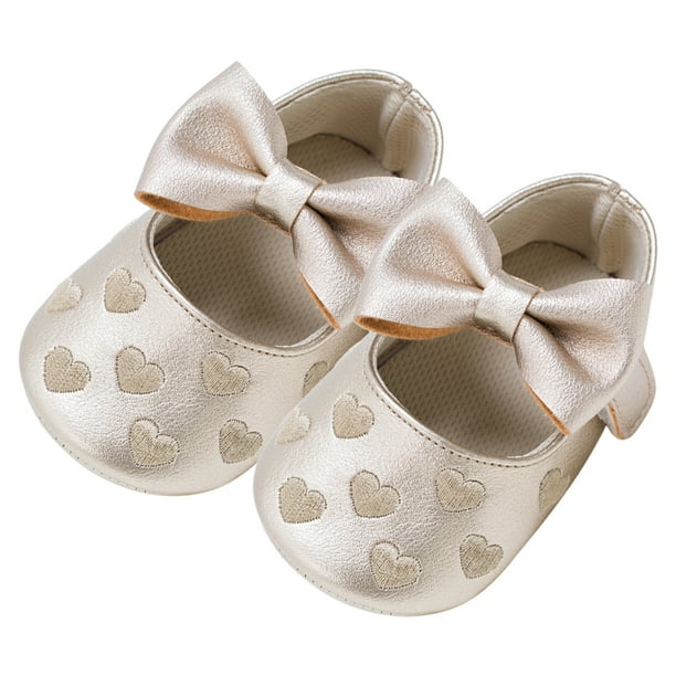 1 par de zapatos para bebés y niños pequeños, patrón de corazón, zapatos de bebé con lazo bordado, Bowknot Prewalker (dorado, 12 cm de longitud 5US 4UK 20.5EU 4.716 pulgadas)