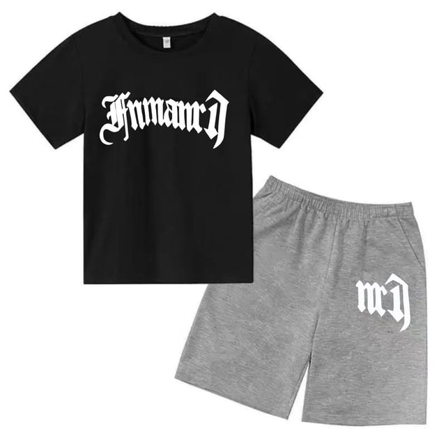 Ensemble T-Shirt Imprimé Gothique pour Enfants, Haut d'Été + Shorts 2 Pcs Manches Courtes Mode Décontractée Garçons Filles