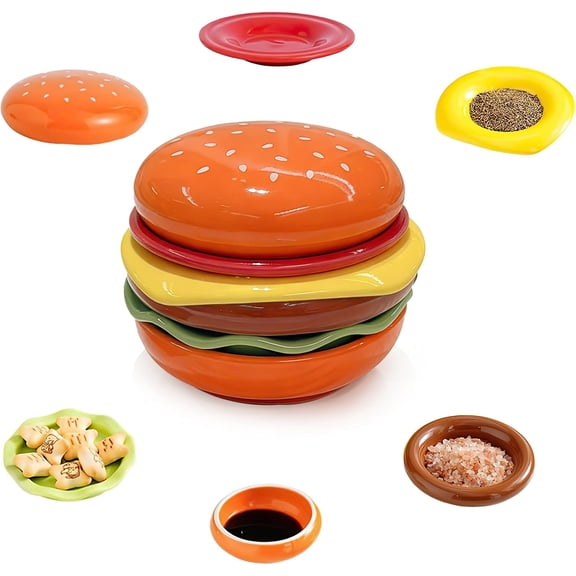 6 Piece Ceramic Hamburger Plate Set, Mini Condiment Bowls for Sushi Soy Sauce and Ketchup, Creative Dip Dishes for Parties and Daily Meals