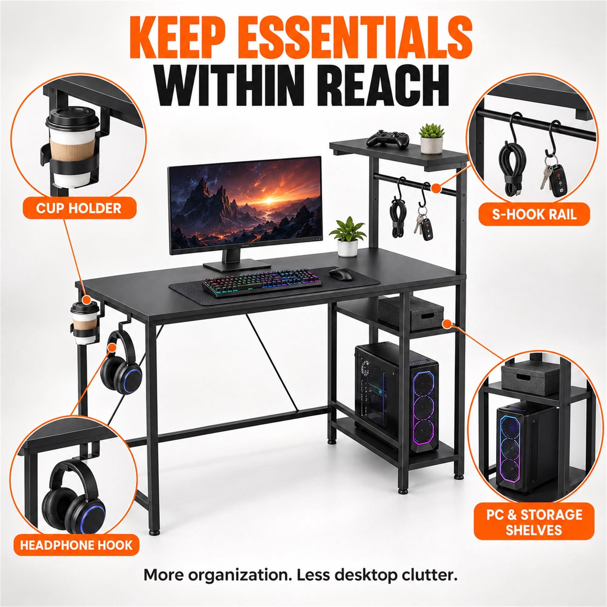 CloudRest Pro 44 Inch Gaming Desk with RGB LED Lights, Reversible Computer Desk with 4-Tier Storage Shelves, Cup Holder and Headphone Hook, Black