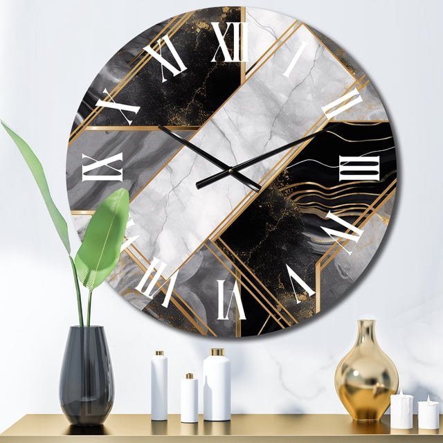 Designart "Marble Granite Agate with Gold Accents IV" Modern Geometric Oversized Wall Clock