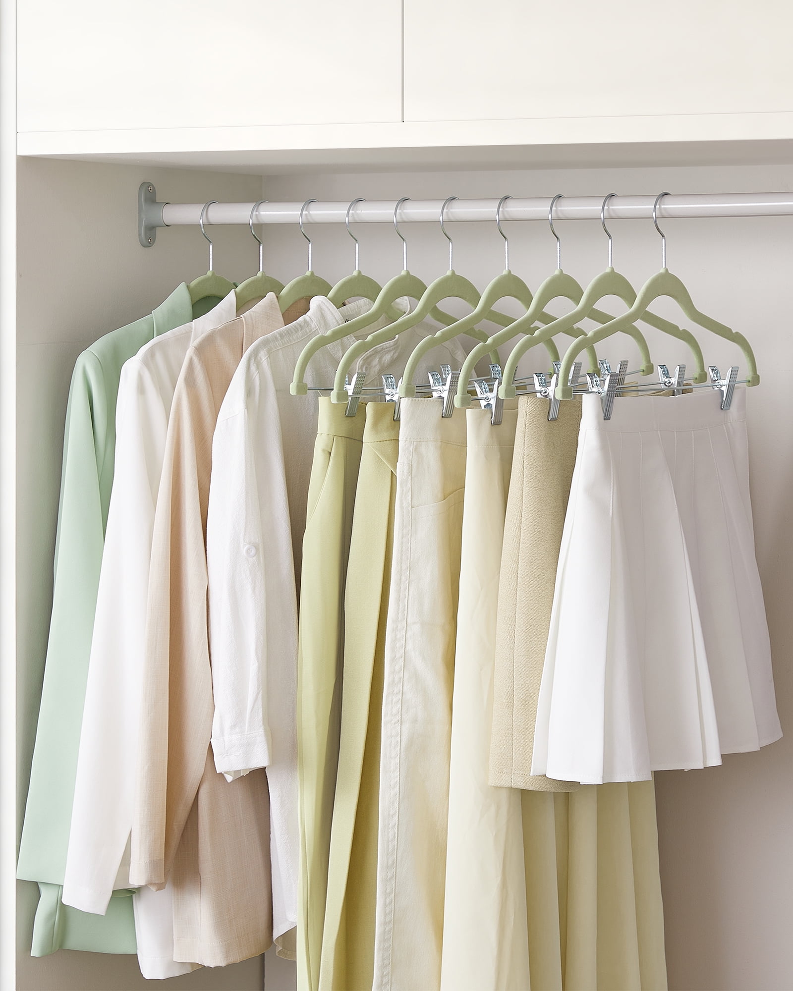30 Packs Velvet Hangers Skirt Pants Hangers with Adjustable Clips Non Slip Space Saving Clothes Hangers for Skirts Pant Pale Green