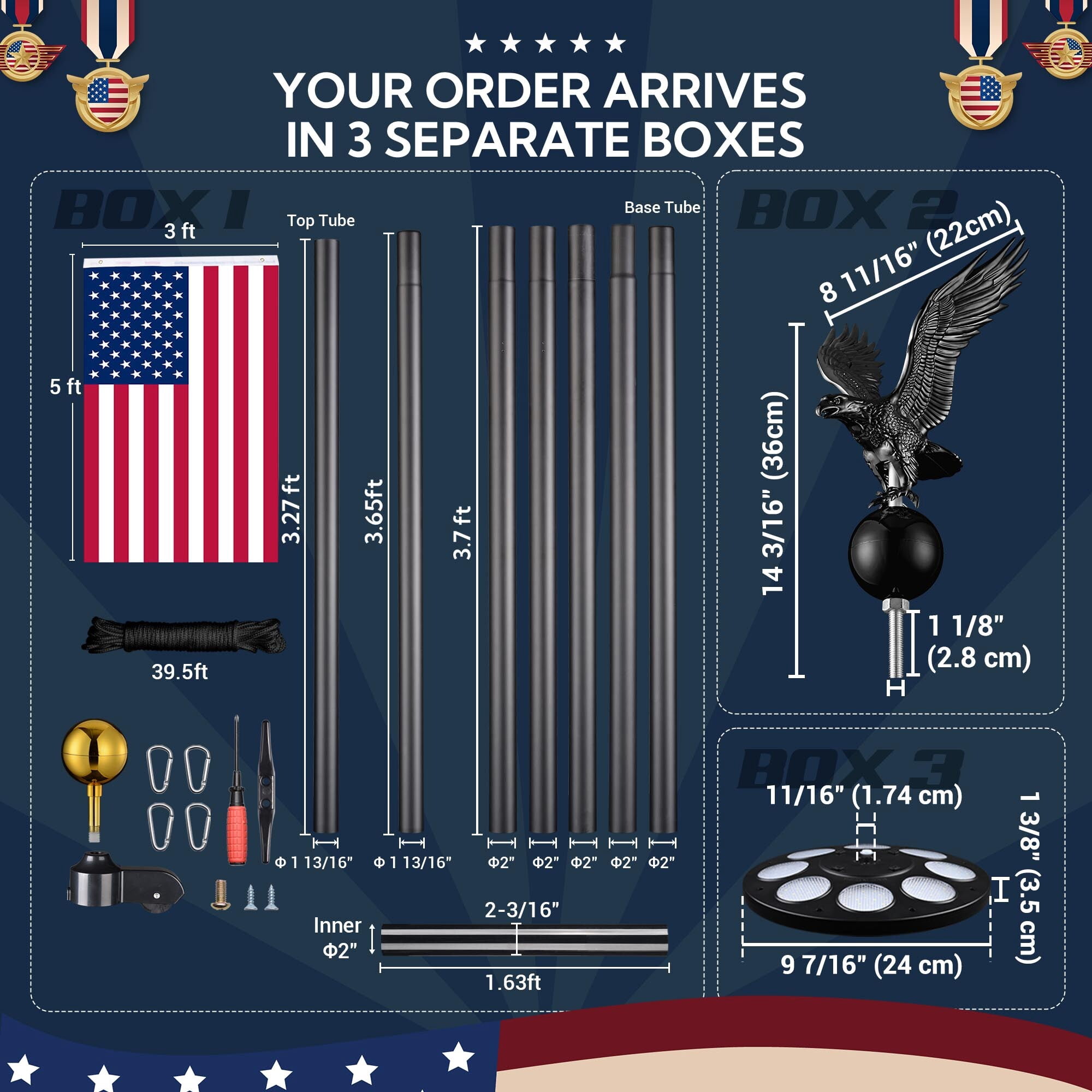Yescom Bravery 25' Aluminum 13Gauge Sectional Flag Pole Kit w/ Solar Powered Light US Flag Eagle Topper for Outside House Outdoor